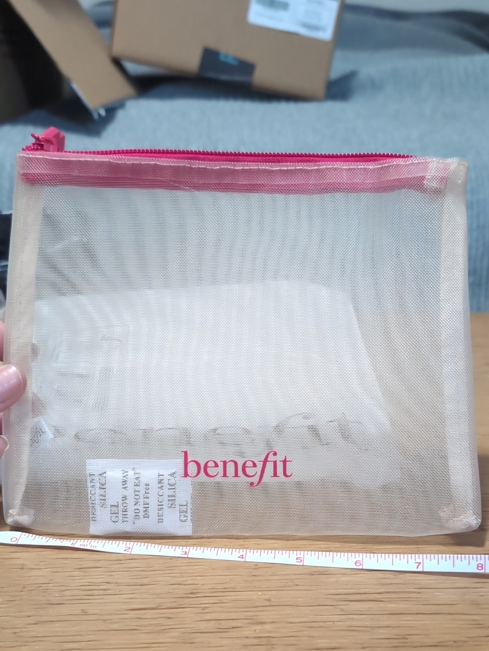 Benefit Clear Mesh Cosmetic Bag with Pink Zipper